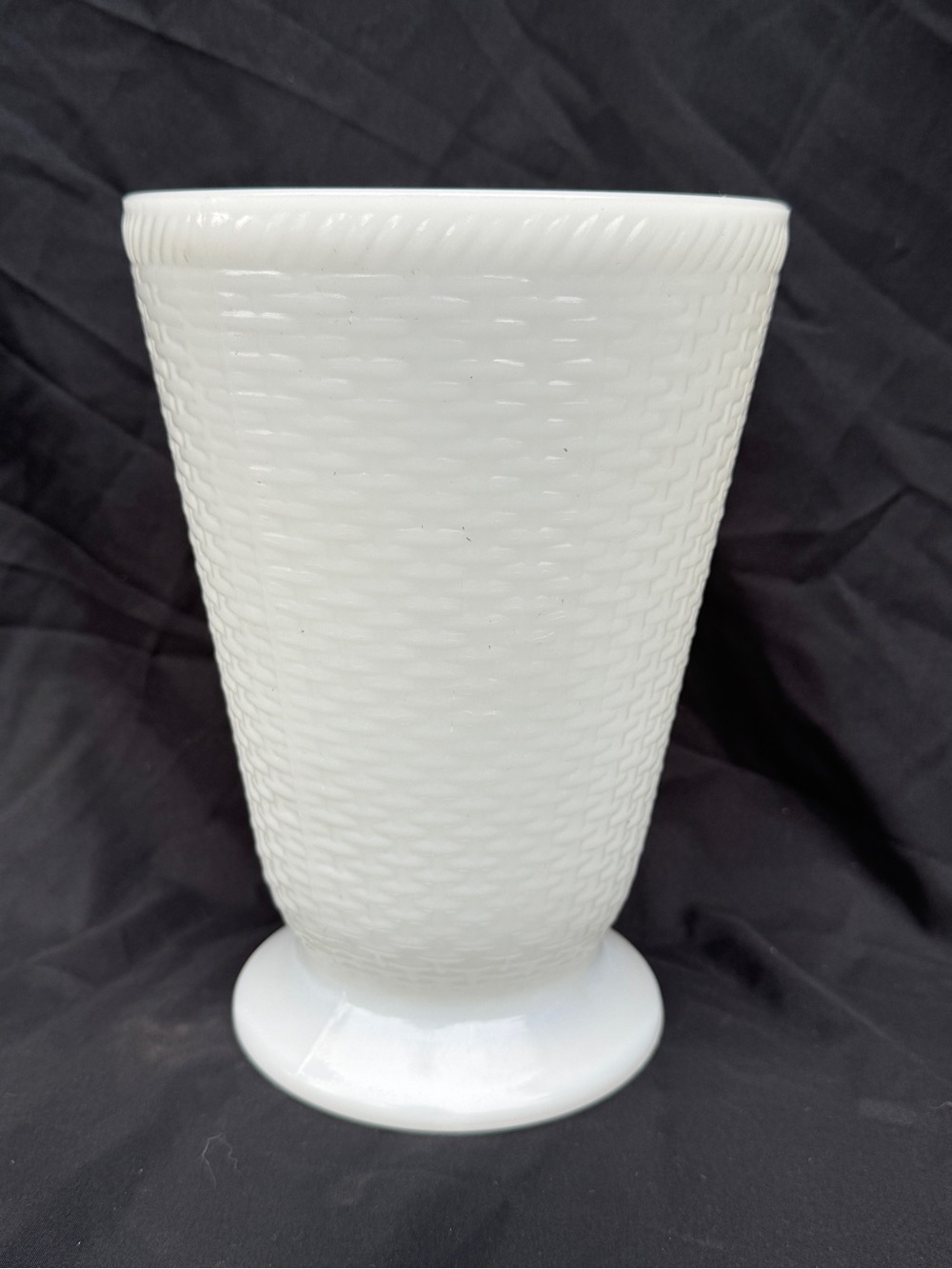 Vintage Large White Milk Glass Basketweave Vase - 8.5” Footed Bouquet Vase